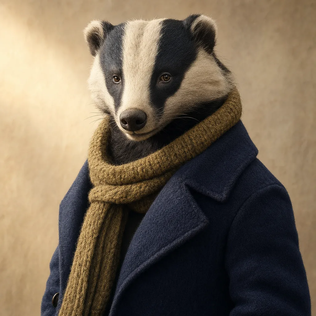 An illustrated badger in a navy coat and antique gold scarf.