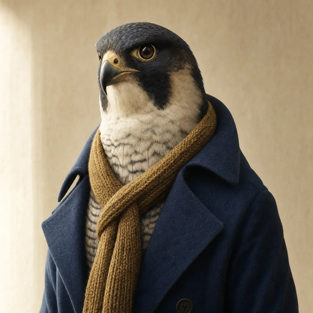 An illustrated peregrine falcon in a navy coat and antique gold scarf.