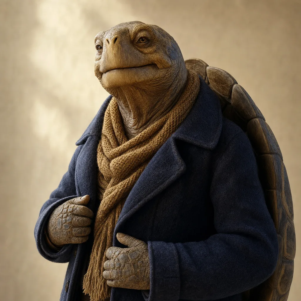 An illustrated tortoise in a navy coat and antique gold scarf.